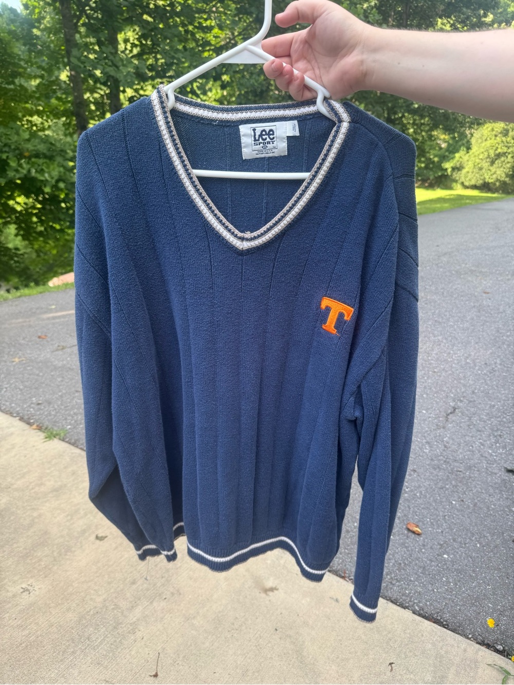 Lee Navy V-Neck Sweater with Orange 'T' Patch